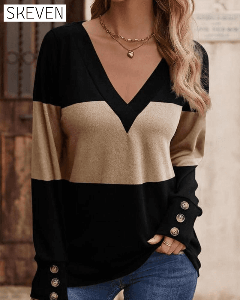 Women's Colorblock Print Button Decor Drop Shoulder Tee