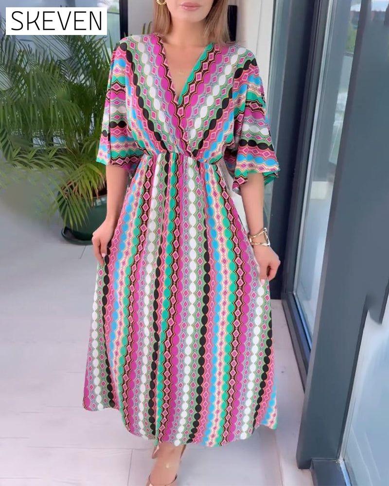 Colorful patchwork printed V-neck three-quarter sleeve dress
