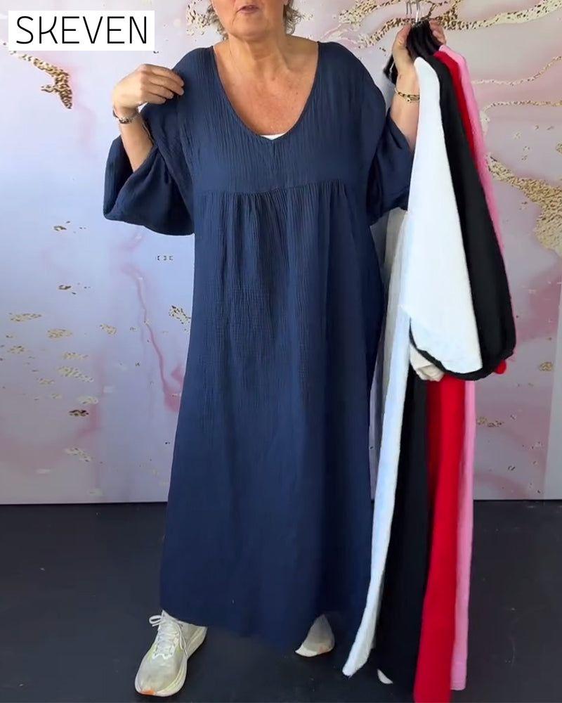 Kleid im Waldstil mit V-Ausschnitt, Falten und einfarbig