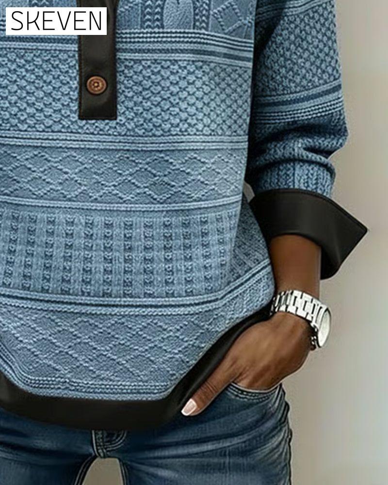 Button-Down Collar Patchwork Sweatshirt