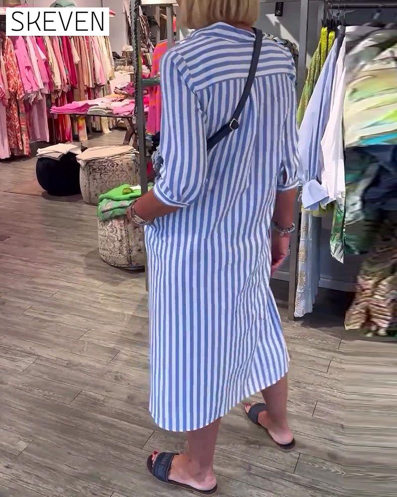 Stripe print lapel button dress