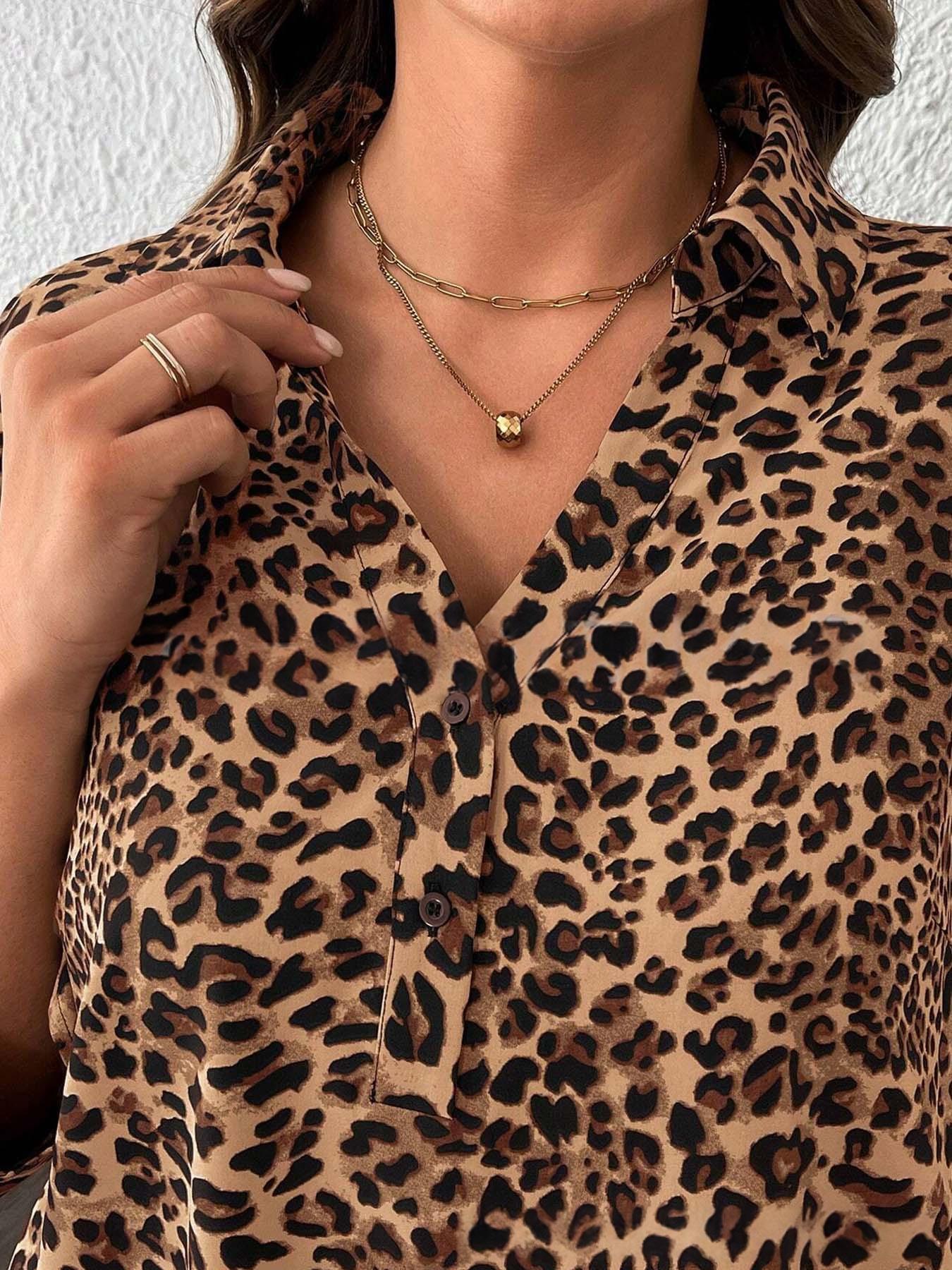 Leopard-Print Womens Shirt Lapel Collar Long Sleeves Loose Fit V-Neck Top