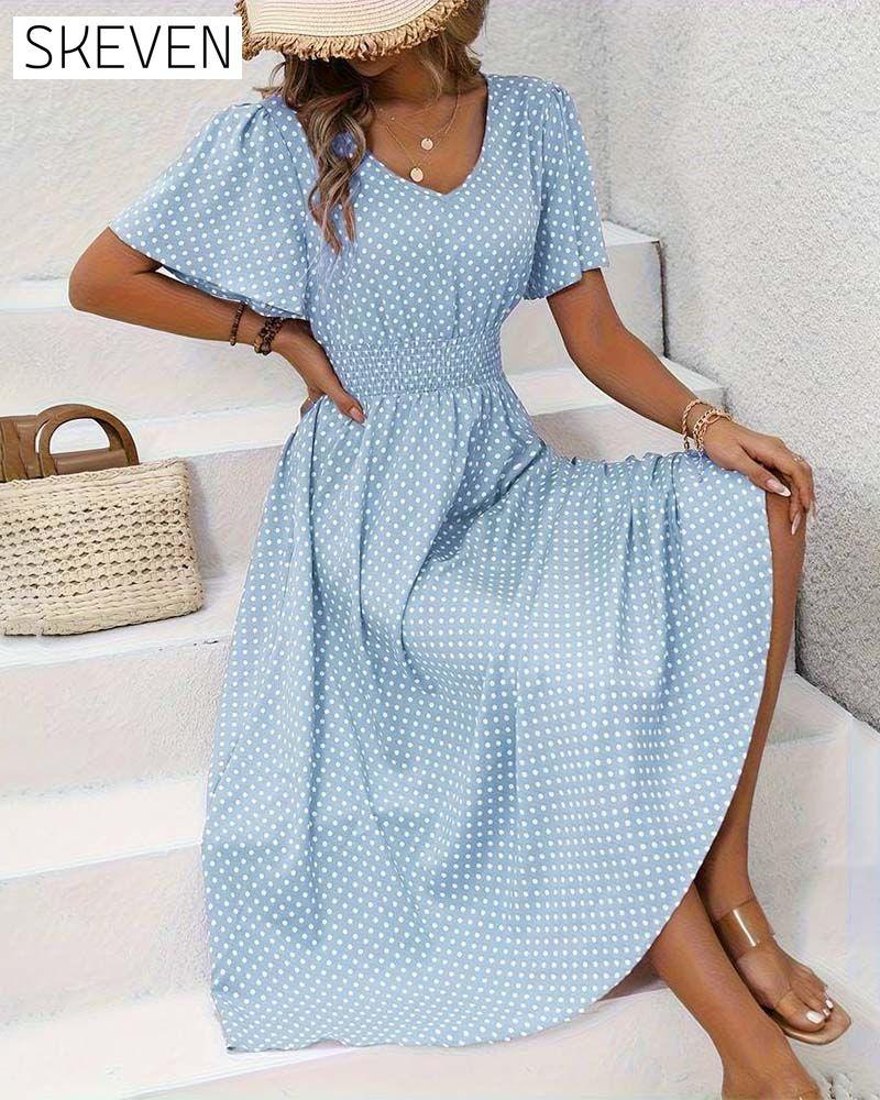 Elegant polka dot print butterfly sleeve waist dress casual dresses spring summer