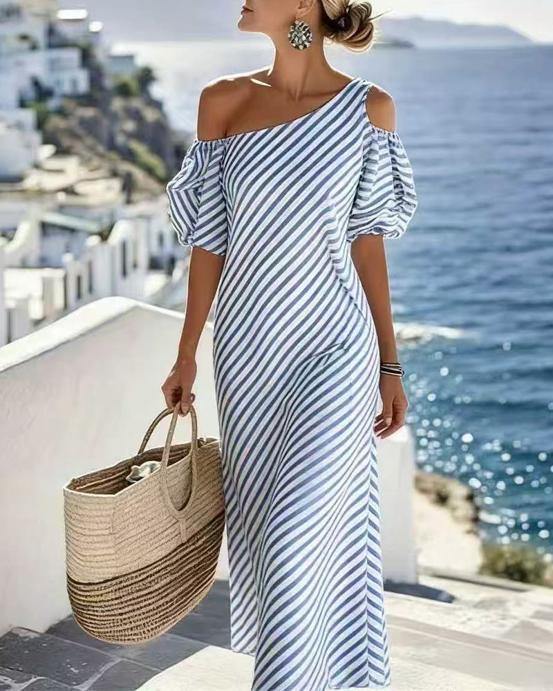 Blue And White Striped Off-Shoulder Dress