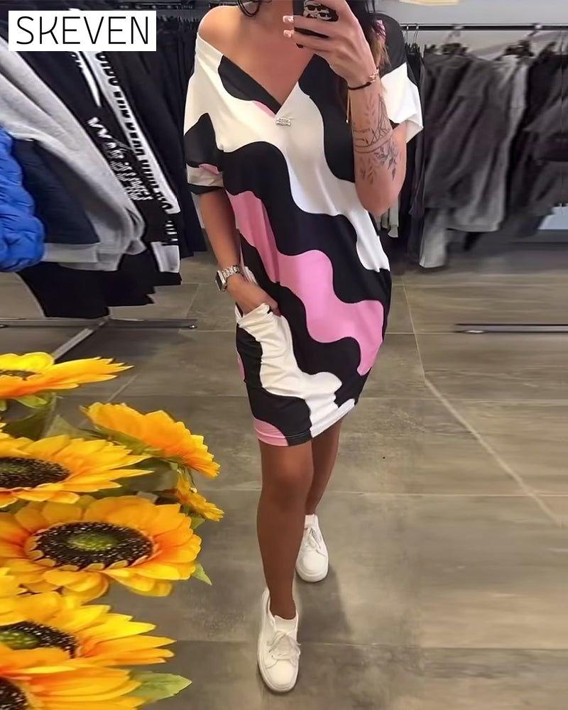 V-Neck Wave Print Dress