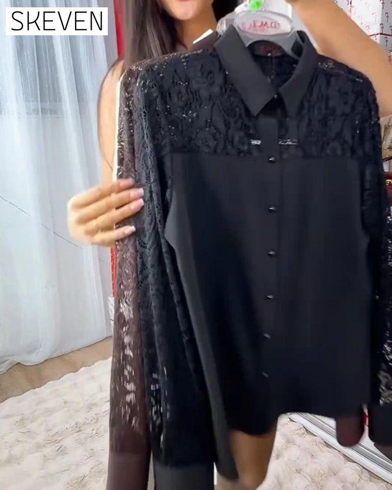 Elegante Bluse aus Spitze mit Umlegekragen