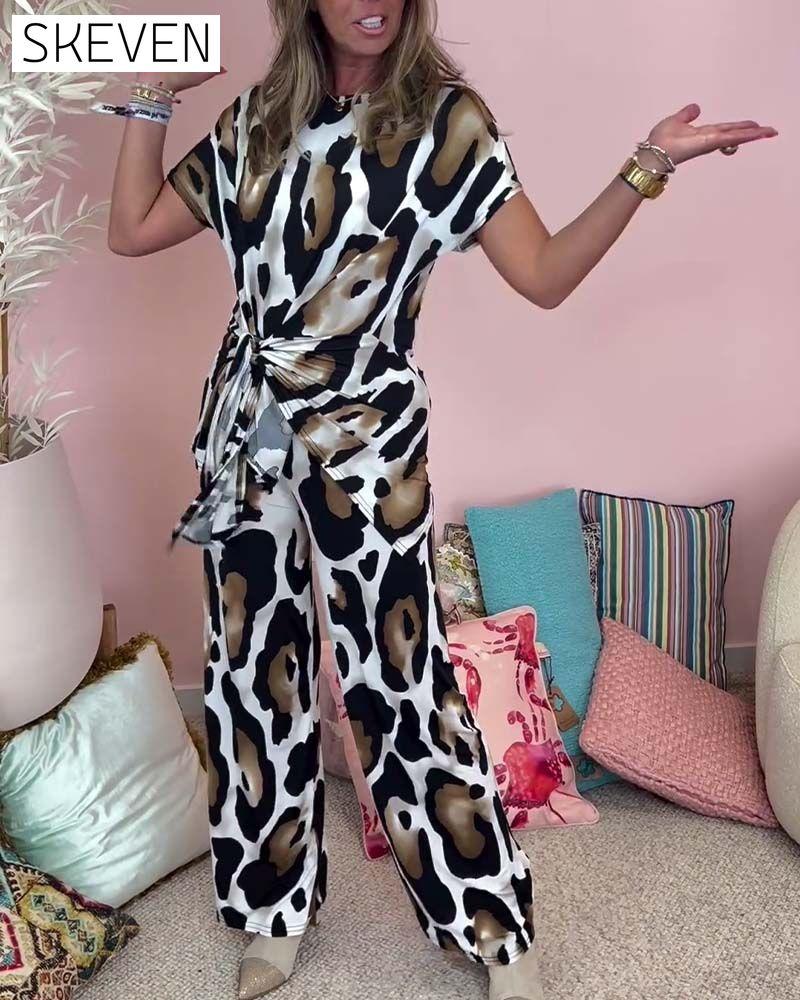 Leopard print lace-up casual two-piece set