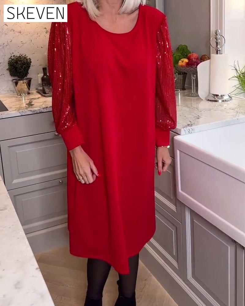 Fashionable solid color sequin patchwork long-sleeve dress