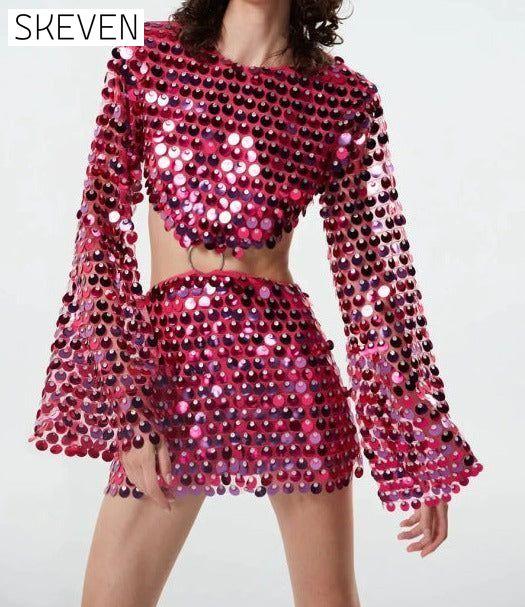 Women's fashion new sequined irregular Sequin Cutout dress Rose clothes dress dresses evening dress evening dresses long sleeve dresses long sleve dresses pink dresses short dress short dresses
