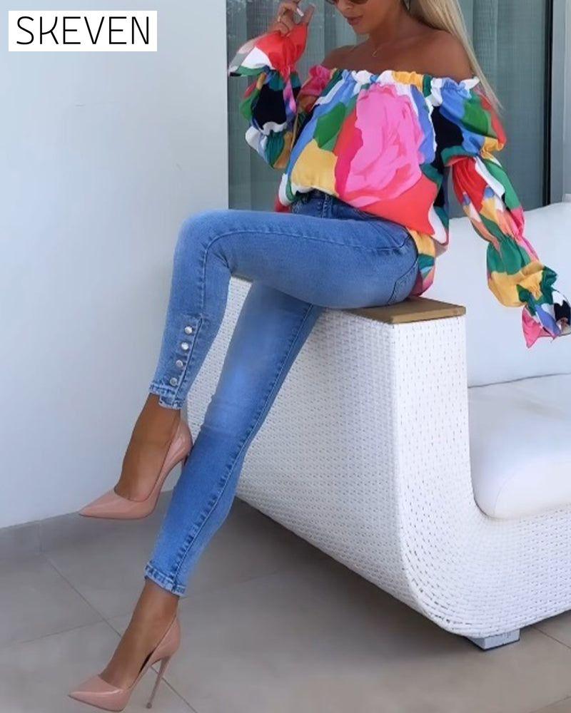 Colorful printed one-shoulder casual top