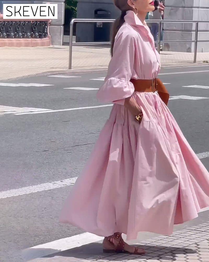Solid color lapel wide swing dress 202466 casual dresses spring summer
