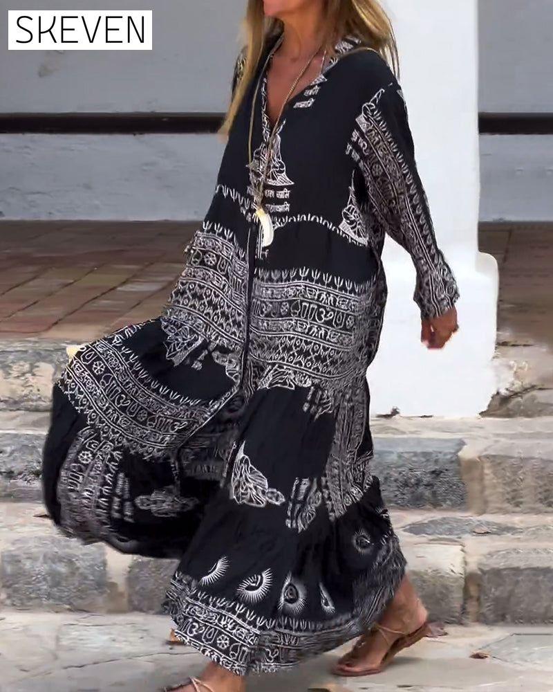 Retro contrast print long sleeve casual dress casual dresses spring summer vacation dresses