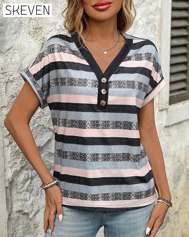 V-Neck Three-Button Striped T-Shirt