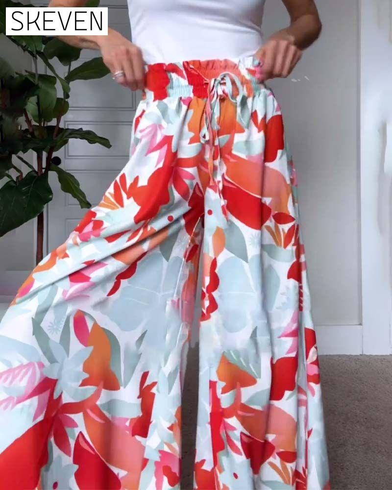 Leaf print drawstring long wide-leg pants pants spring summer
