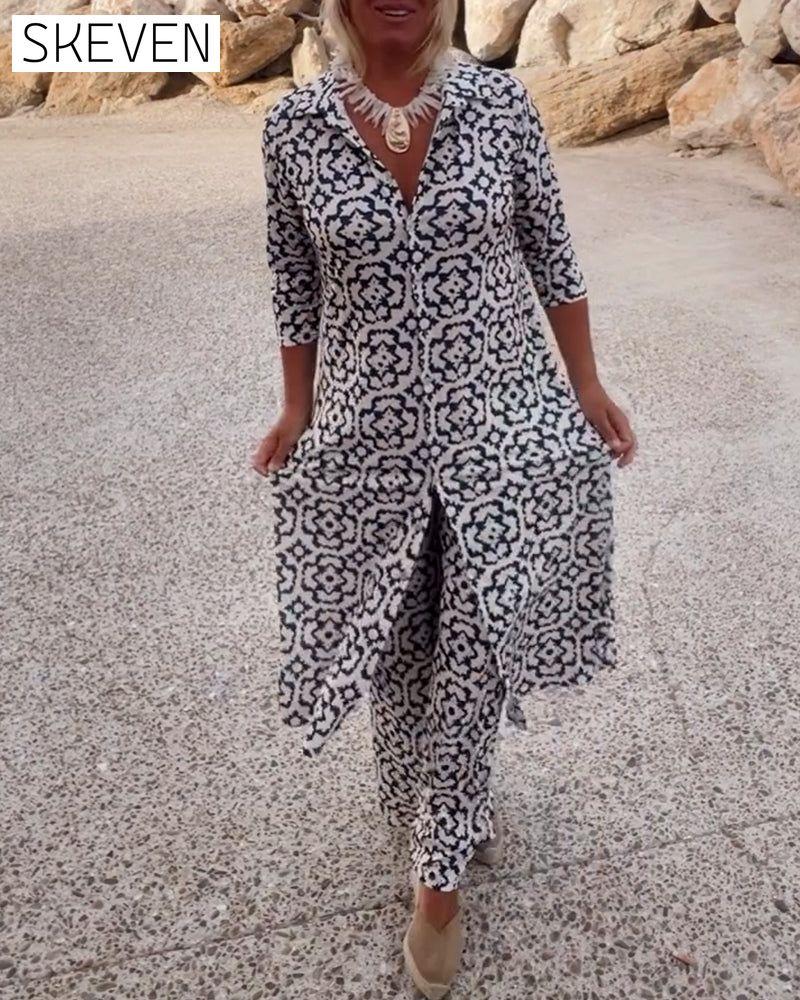 Vintage printed lapel button set 202466 spring summer two-piece sets