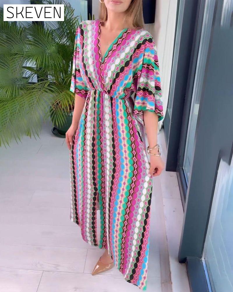 Colorful patchwork printed V-neck three-quarter sleeve dress