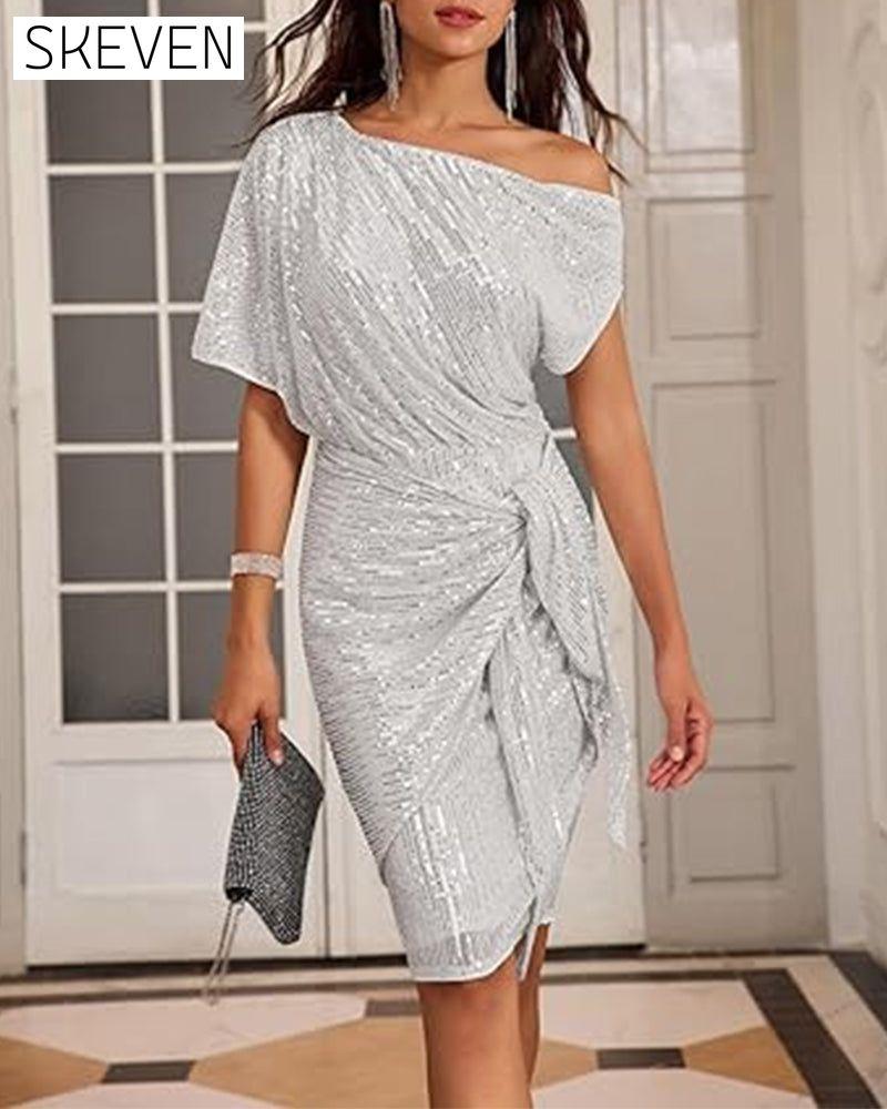 Robe élégante à sequins, décolleté en V et épaules dénudées