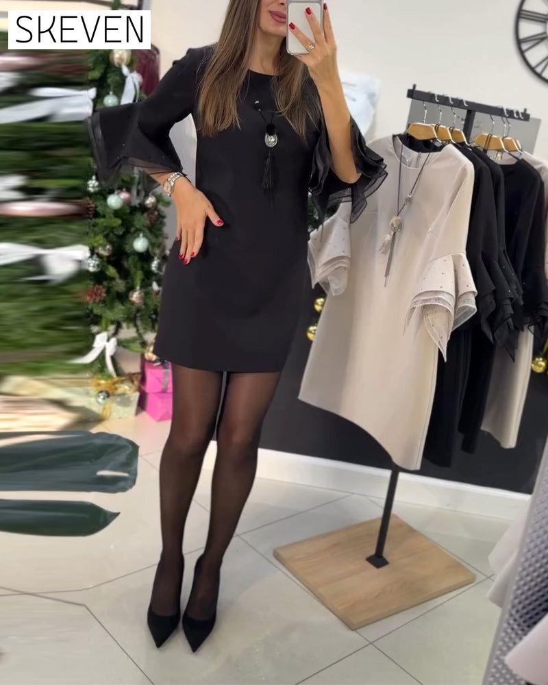 Elegant Flounce Sleeve Hot-Fix Crystals Shift Dress