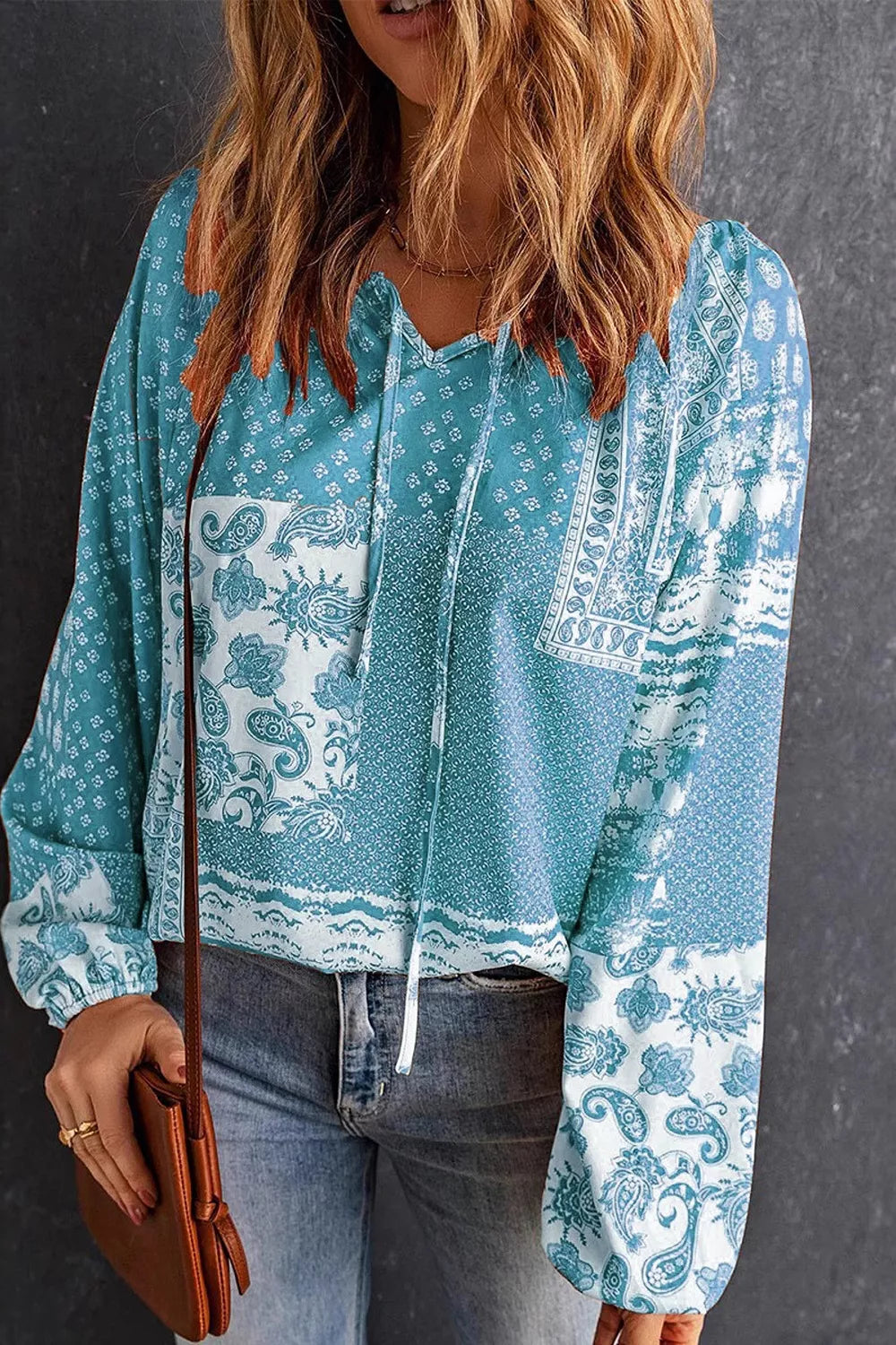 Full Size Paisley Print Tie-Neck Long Sleeve Blouse Plus Size