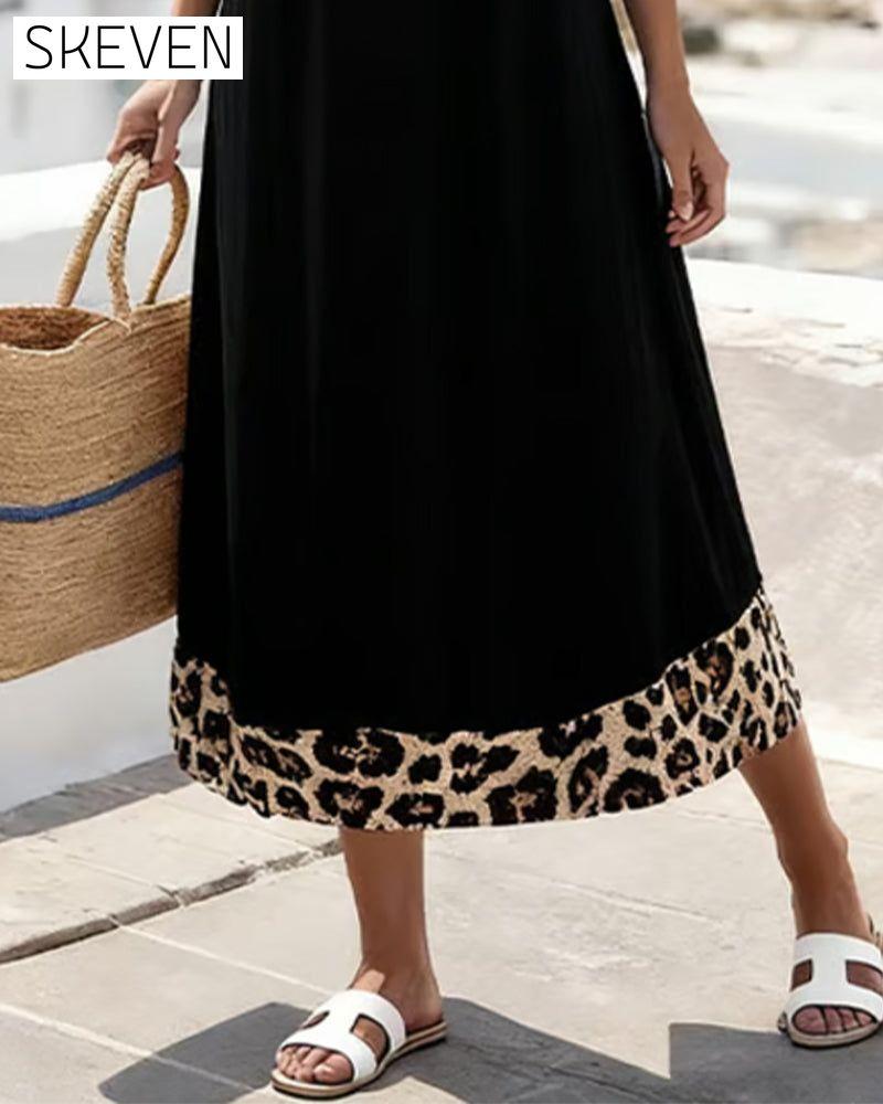 Elegantes Maxikleid mit Leopardenmuster und Patchwork-Optik