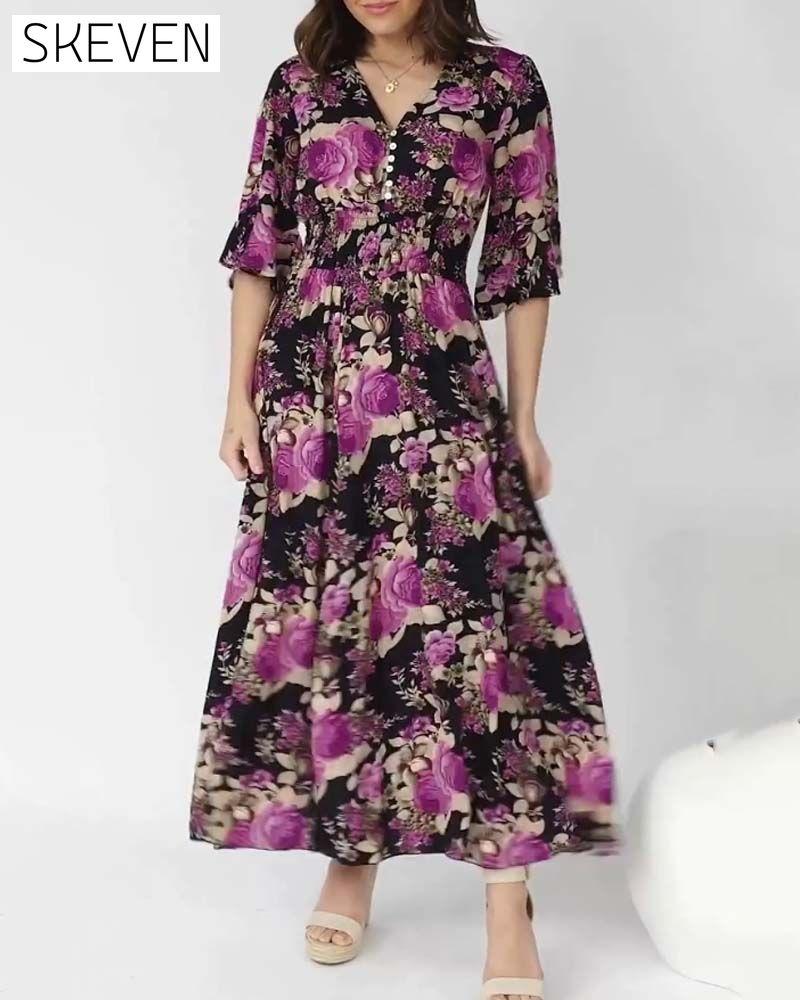 Floral Print V Neck Maxi Dress