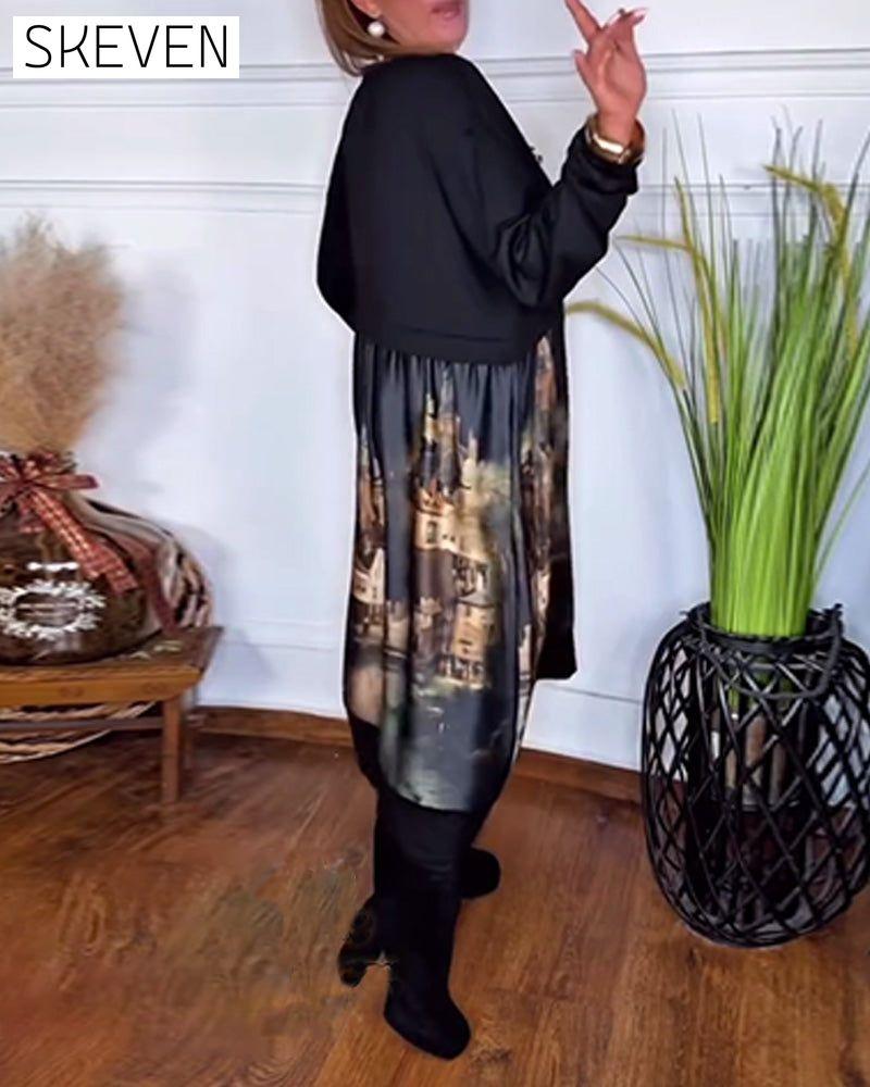 Lässiges, bedrucktes Langarmkleid