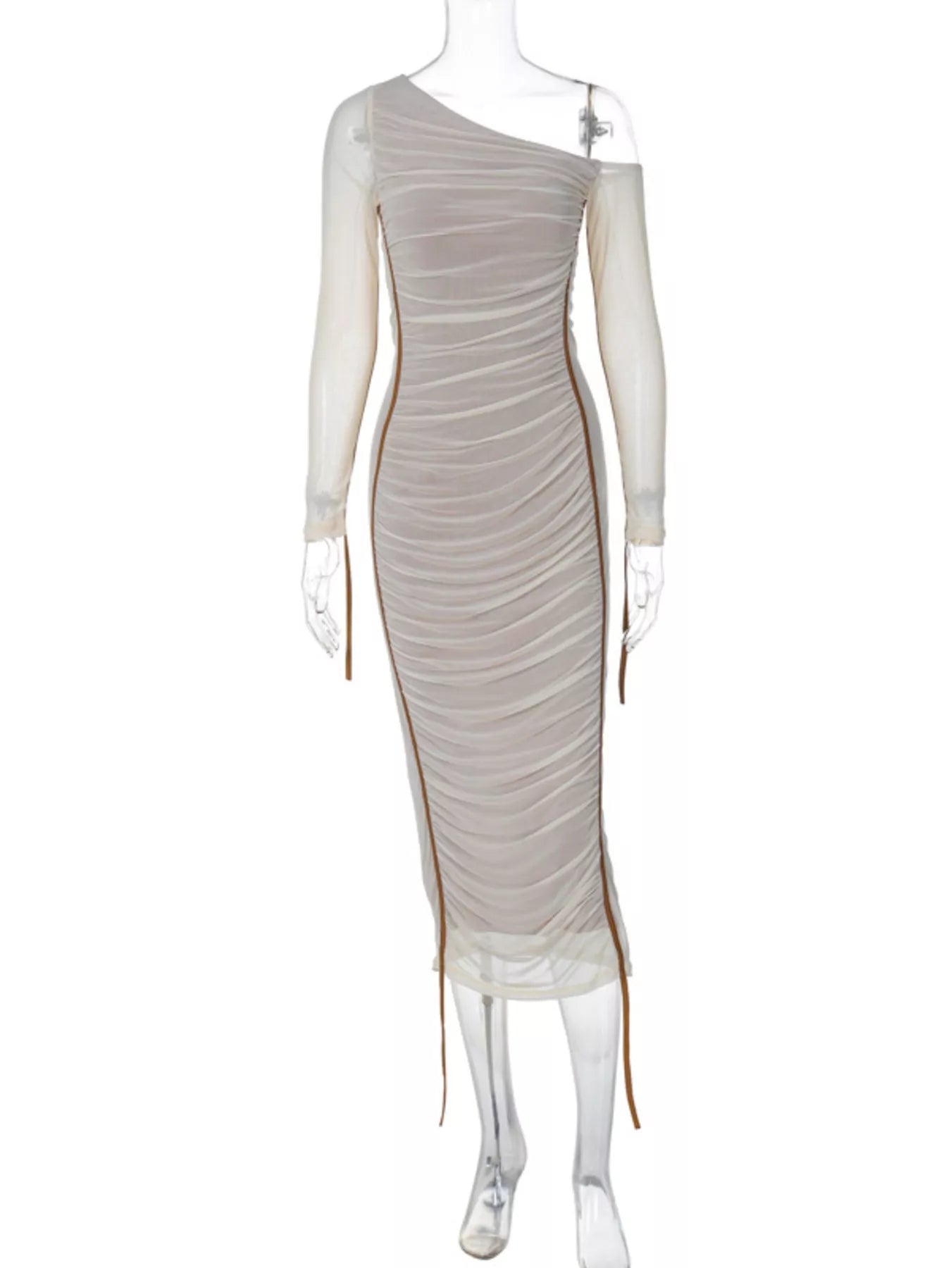 Einseitig schulterfreies, gerafftes, figurbetontes Midikleid
