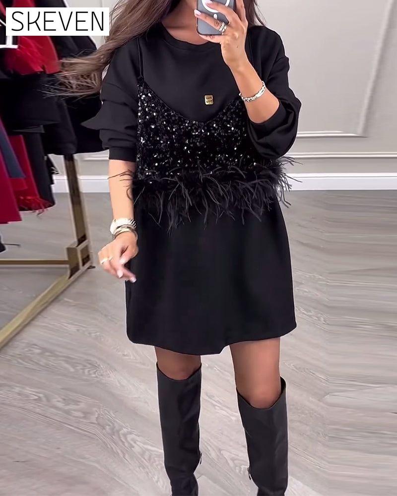 Fashion solid color sequin feather patchwork dress