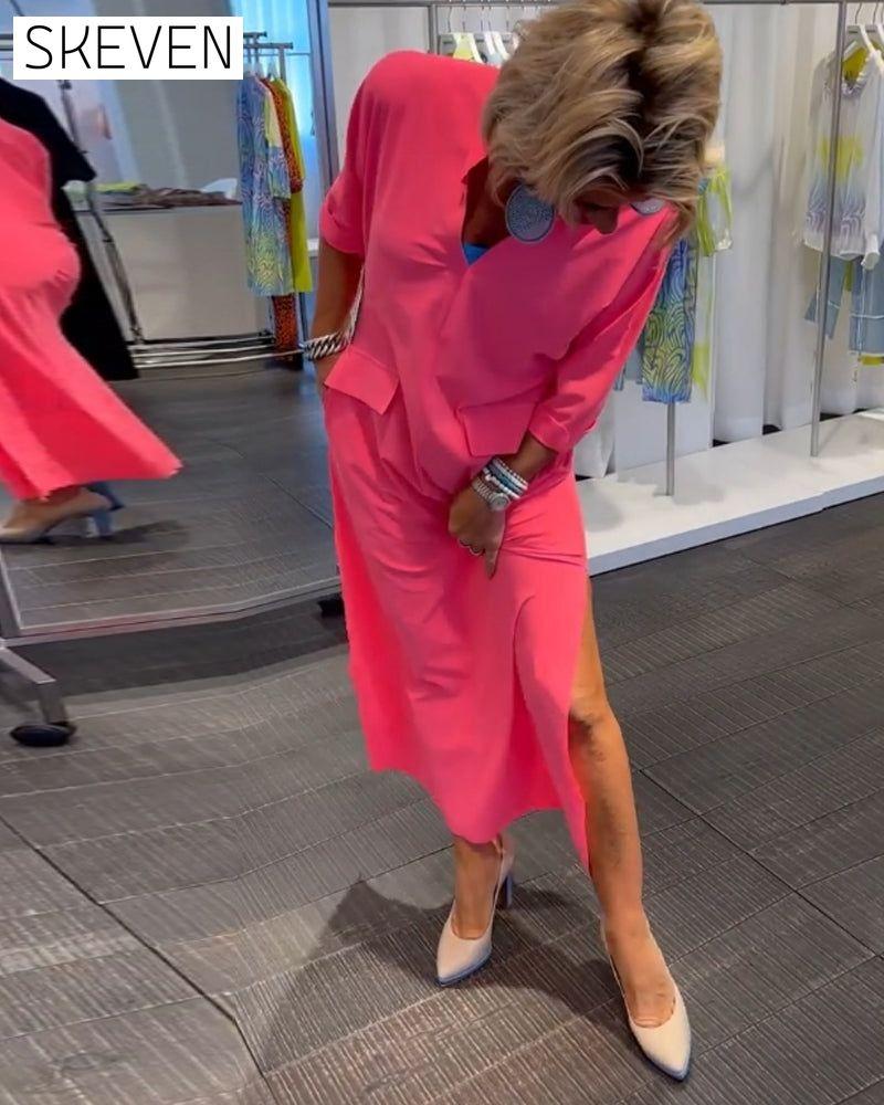 Slit V-neck solid color dress