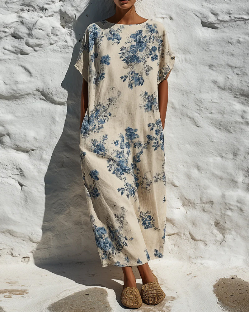 Crew Neck Vintage Blue Floral Dress