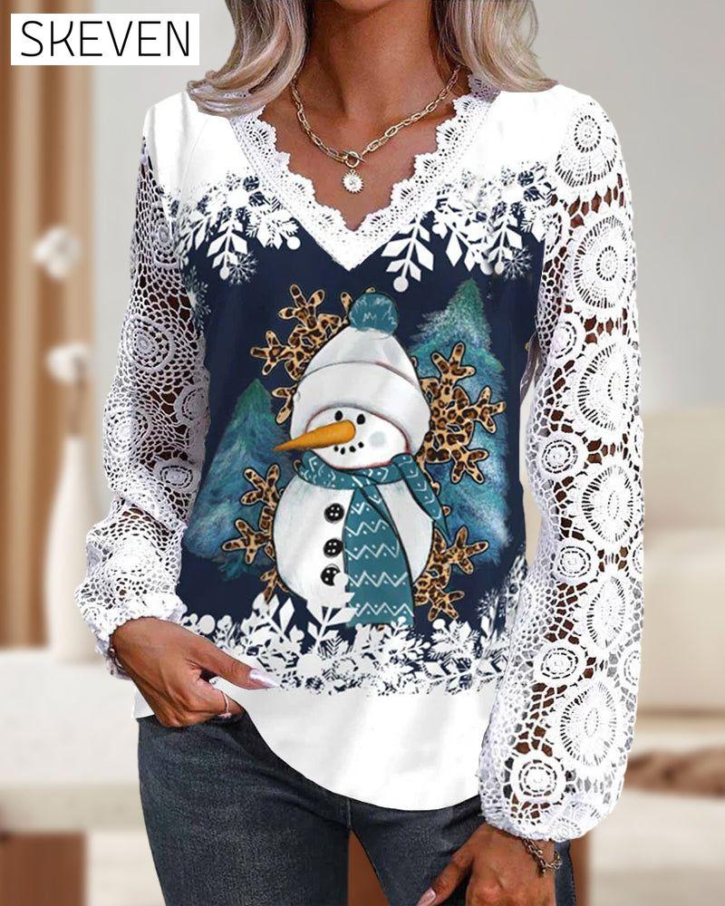 Langarmbluse mit Schneemannmotiv aus Spitze