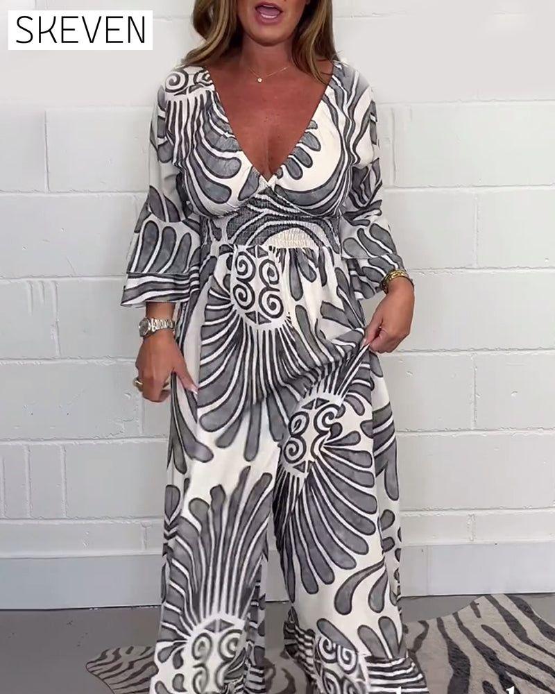 Deep V retro printed bell sleeve loose jumpsuit jumpsuits & rompers spring summer