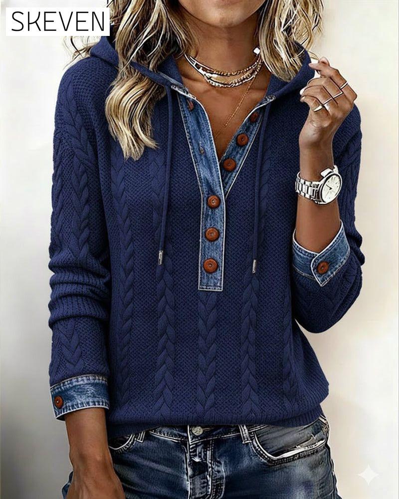 Color-Blocked Button Long-Sleeved Hooded