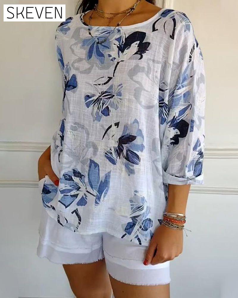 Round Neck Long Sleeve Printed Blouse