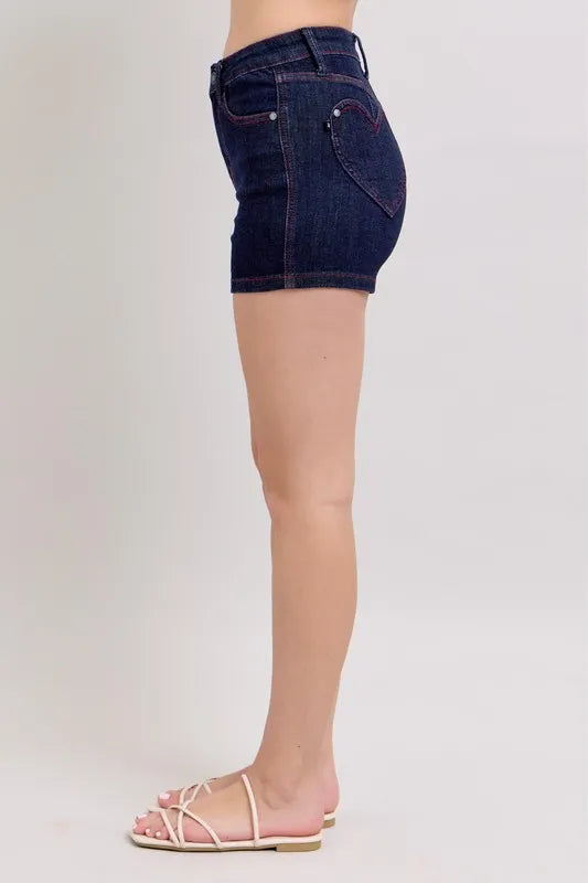 Judy Blue High Waist Heart Shaped Pkts & Red Contrast Thread Denim Shorts