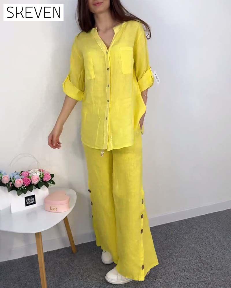 Solid color button pocket lace blouse wide leg pants set