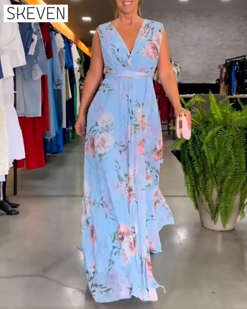 Floral print V-neck elegant sleeveless dress