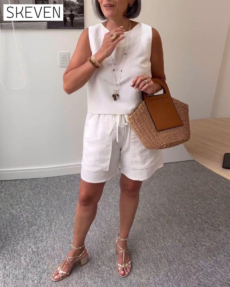 Round Neck Vest Shorts Solid Color Suit