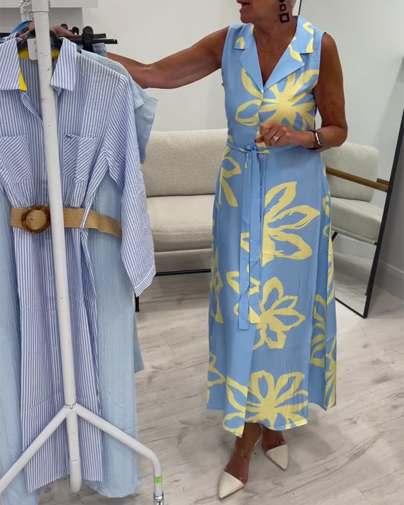 Sleeveless Lapel Lace-Up Floral Maxi Dress