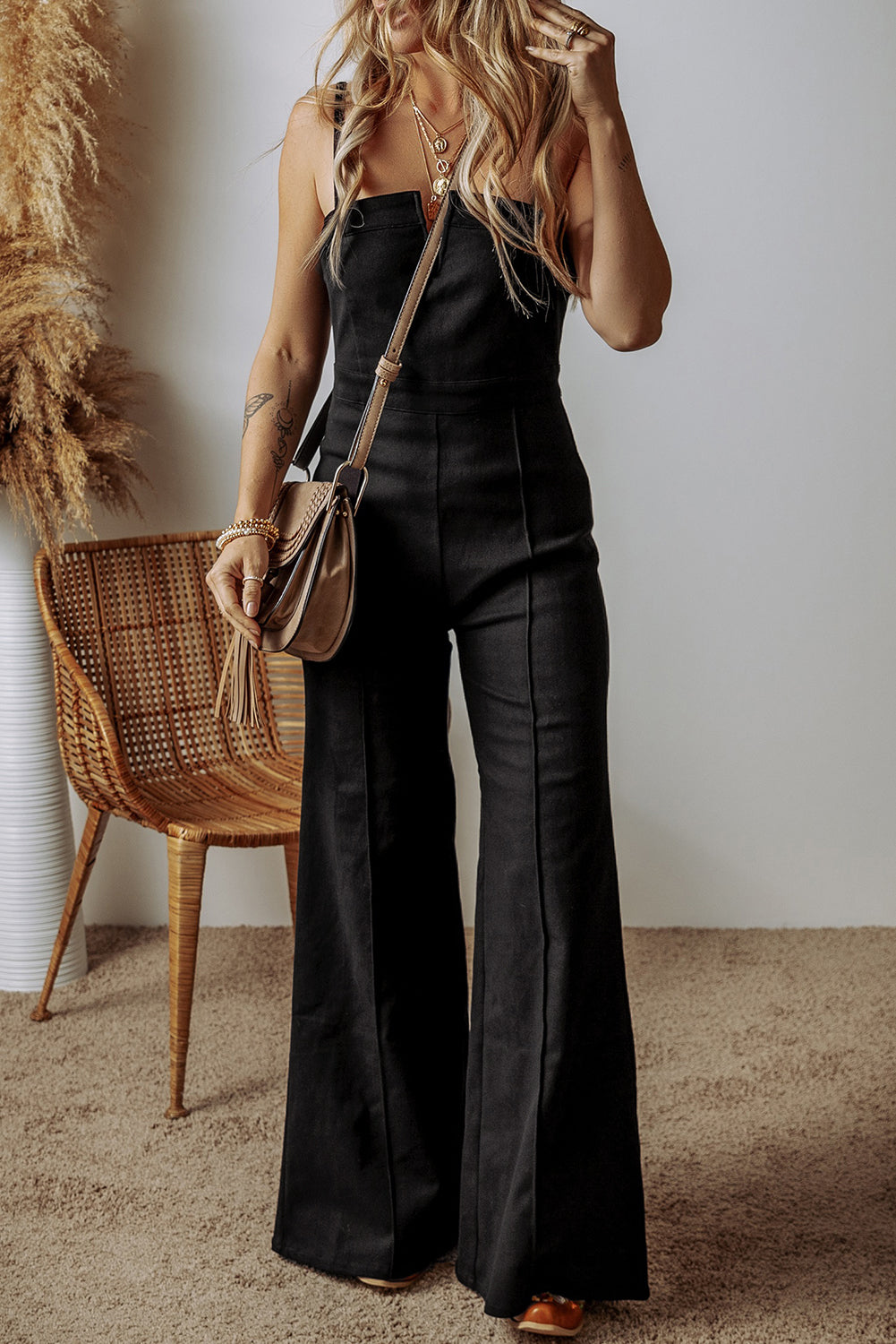 Blue Zone Planet |  Spaghetti Straps Flare Denim Jumpsuit