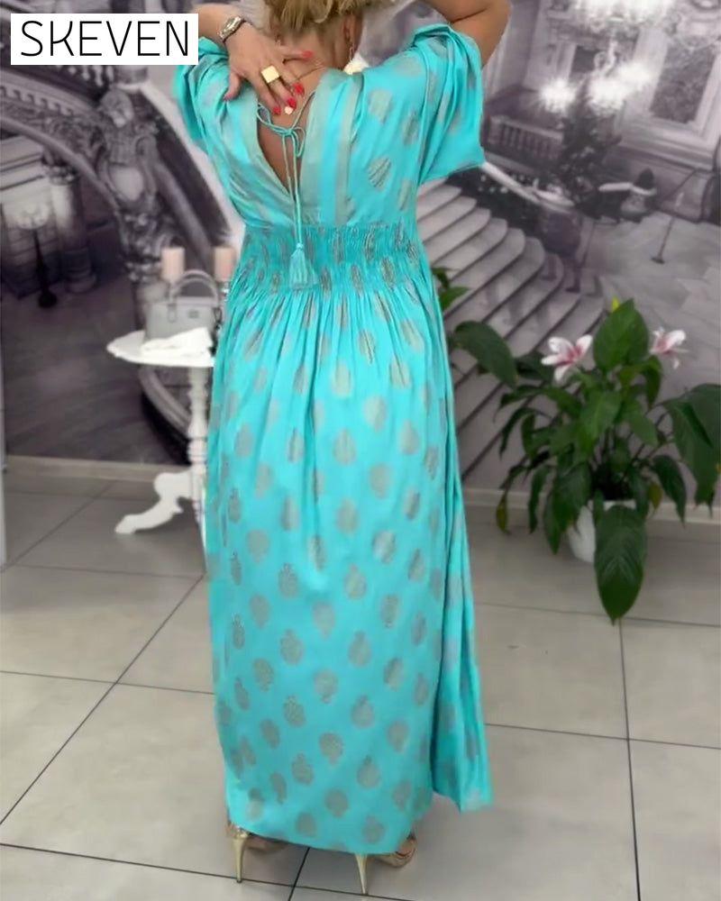 Loose Holiday Print Waist Maxi Dress