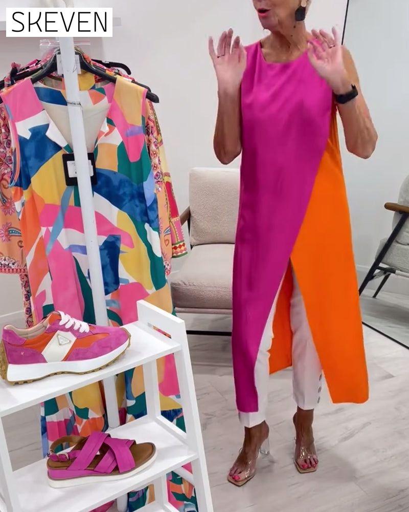 Ärmellose, kontrastfarbene, lange Bluse mit Schlitz