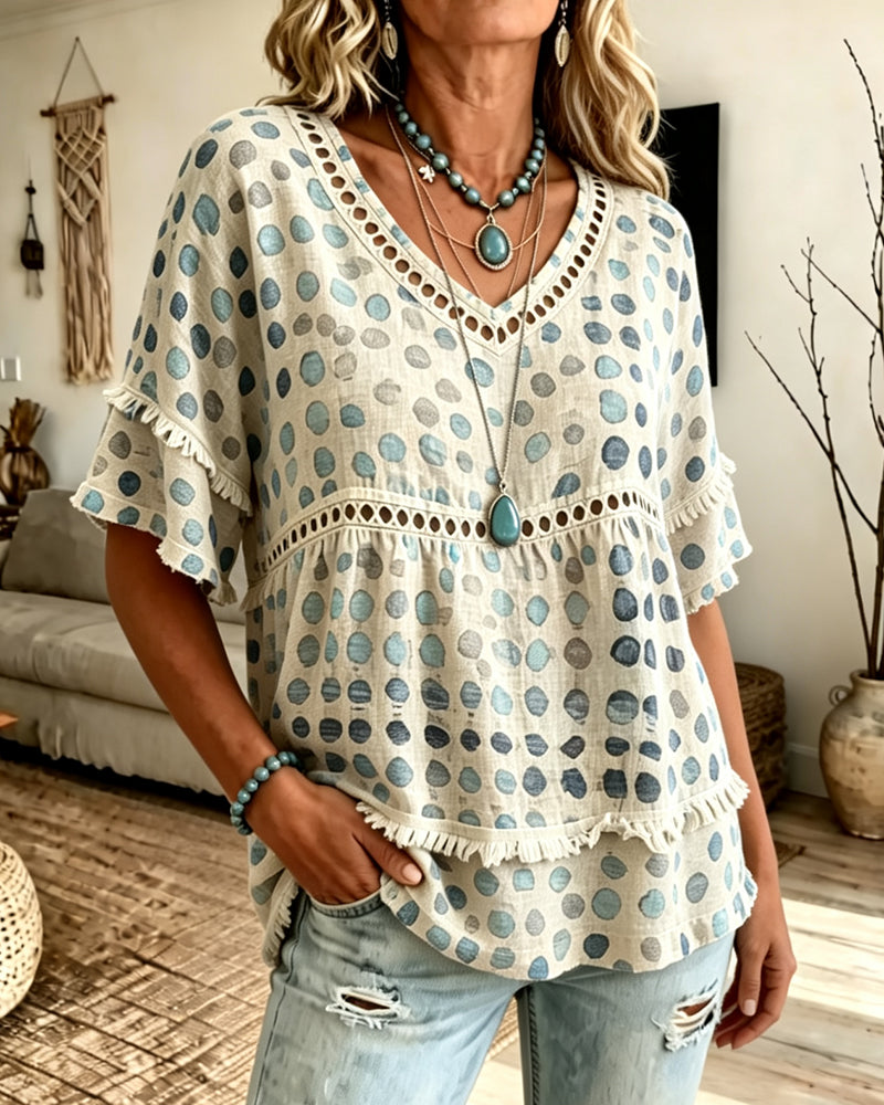 Fringe V-Neck Polka Dot Babydoll Blouse