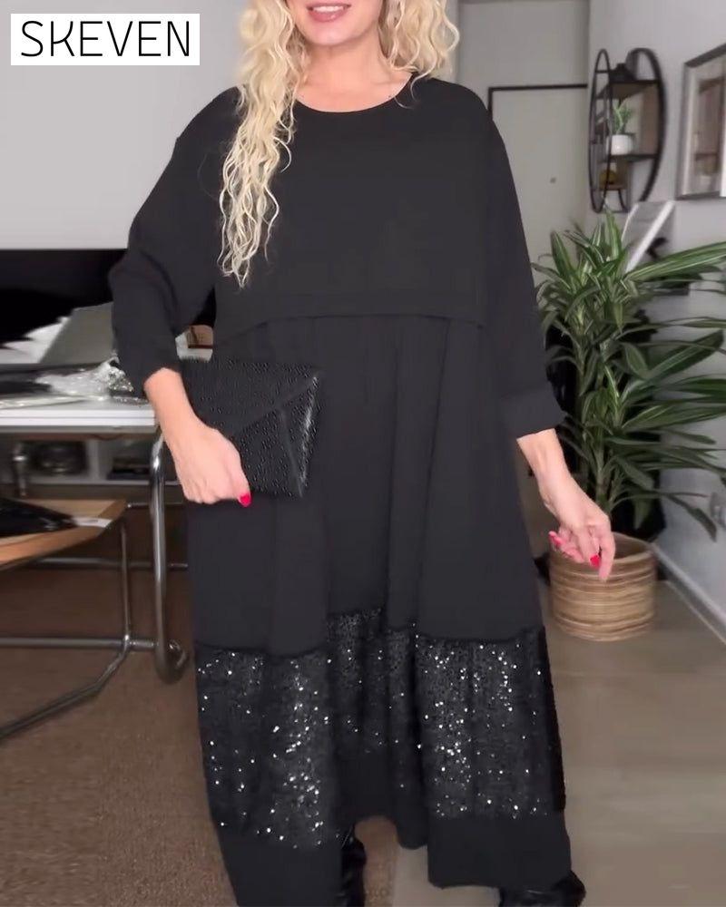 Round Neck Sequin Patchwork Loose Dress