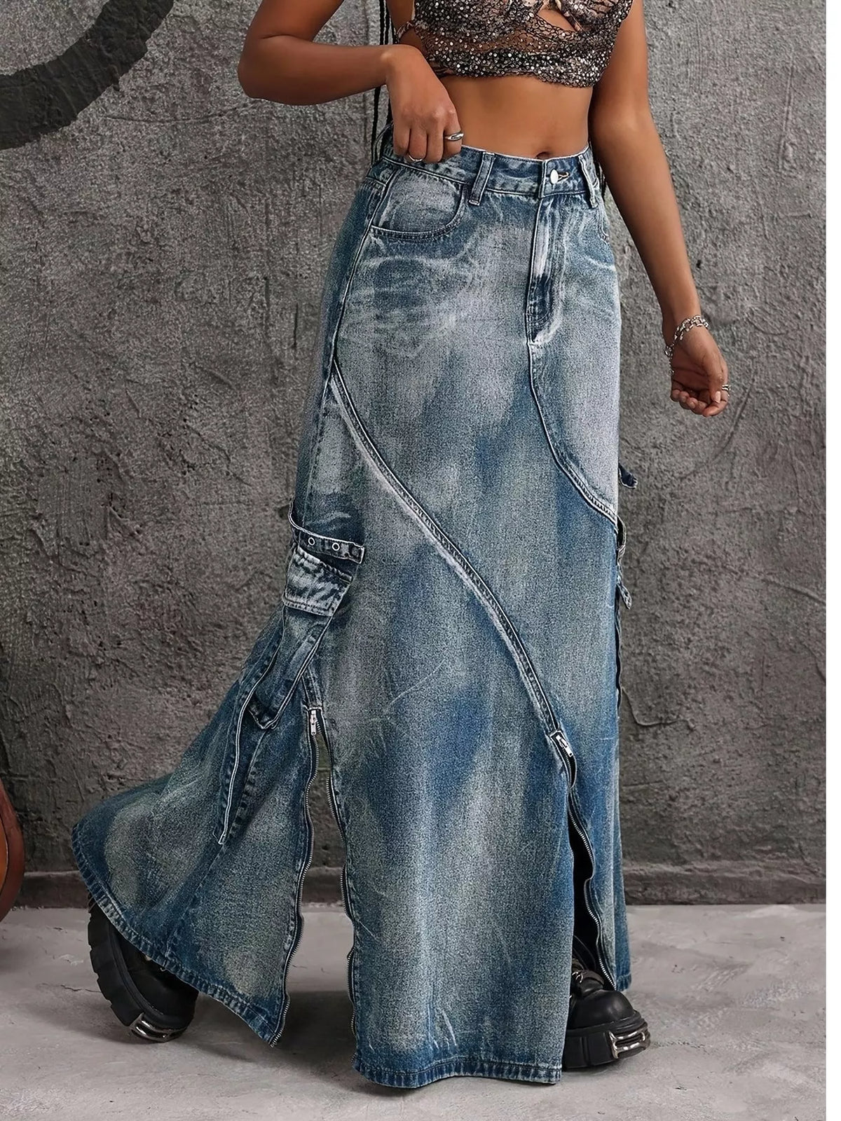 High-Waisted Denim Maxi Skirt with Zipper Slit