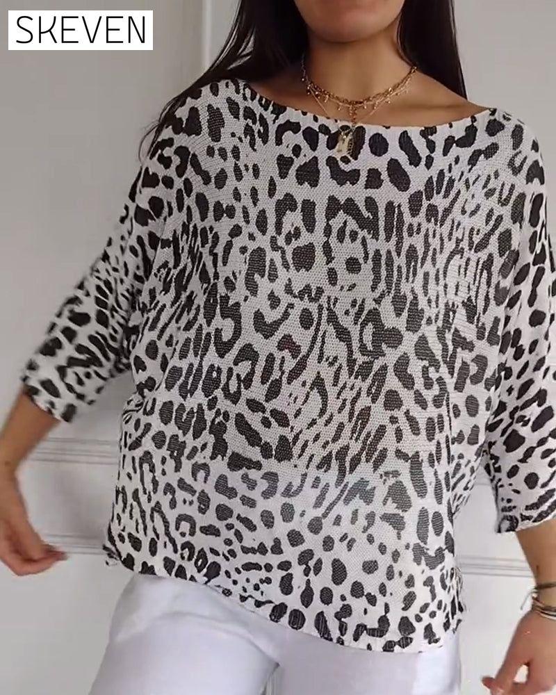 Three-Quarter Sleeve Leopard Print Loose Sweater