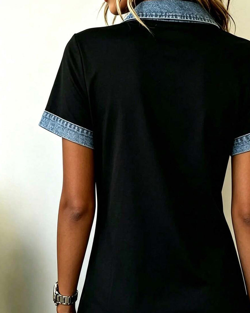 Denim Paneled Color Block Straight Dress