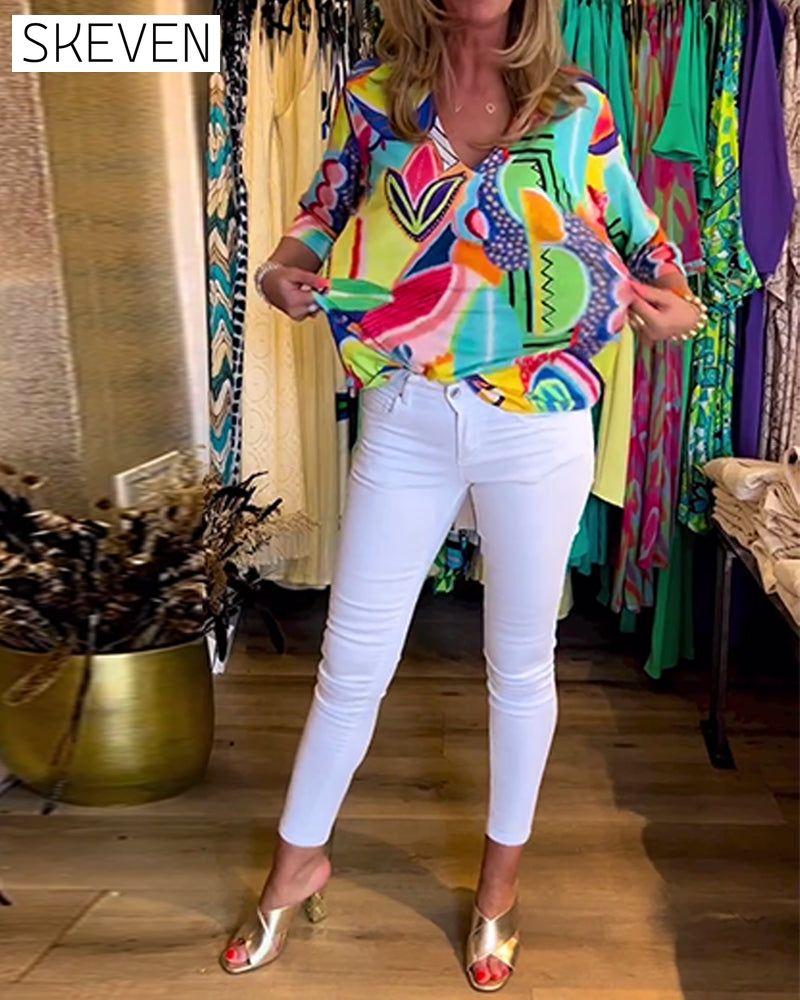 Long Sleeve Loose Printed Blouse