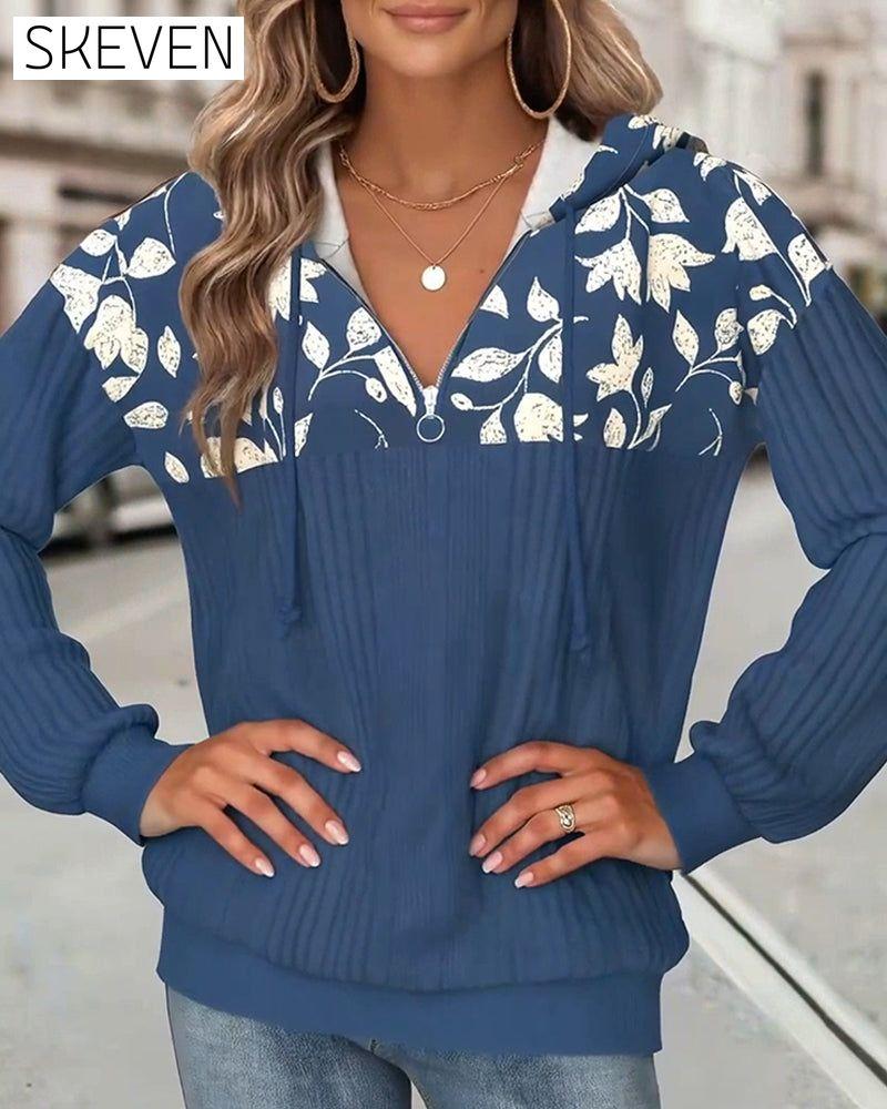 Sweat-shirt à capuche zippé à demi-hauteur et imprimé floral