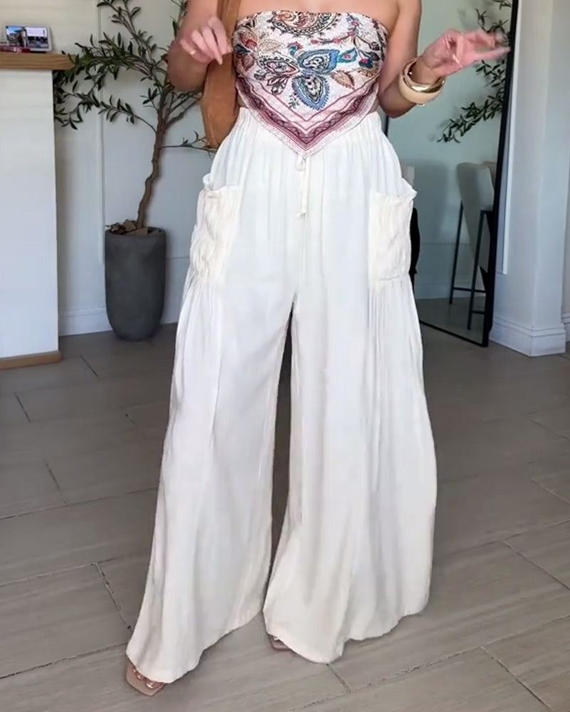 Drawstring Pleated Pocket Wide Leg Pants